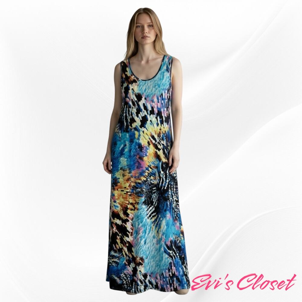 Jenne & Marlis Maxi Dress Women’s Sz M Abstract Mosaic Print Blue Pink Black